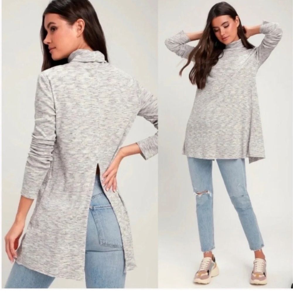 We the Free Split Back Tunic Turtleneck Long Sleeve Top Raw Hem Heathered Size S